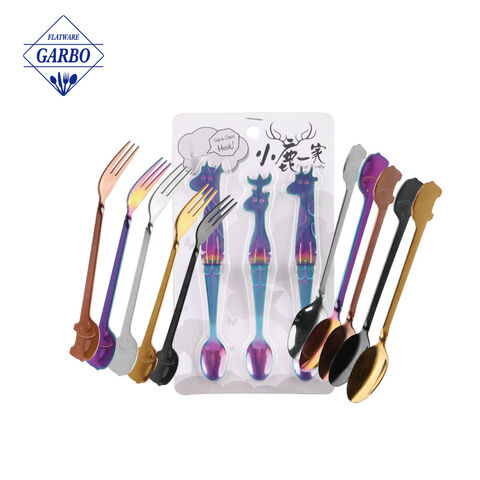 Tsina pakyawan hindi kinakalawang na asero cute hayop flatware set titanium na-customize na kulay dessert kutsara tinidor para sa mga bata