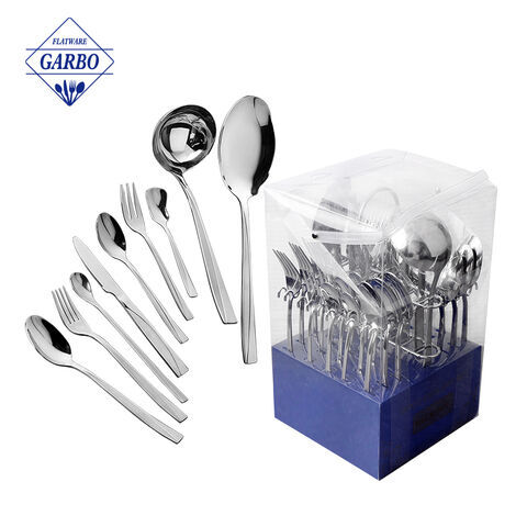 Juego de cubiertos de 33 piezas Cubiertos Servicio de utensilios de acero inoxidable para 4, incluye cuchillo Tenedor Cuchara Espejo pulido Apto para lavavajillas con caja de plástico de PVC