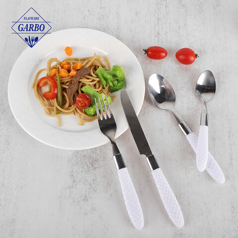 Set Peralatan Makan Stainless Steel Gagang Plastik Putih Elegan Berdesain Modern