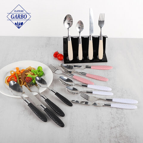 Set Peralatan Makan Stainless Steel Gagang Plastik Putih Elegan Berdesain Modern