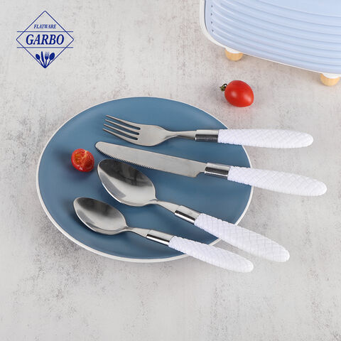 Set Peralatan Makan Stainless Steel Gagang Plastik Putih Elegan Berdesain Modern