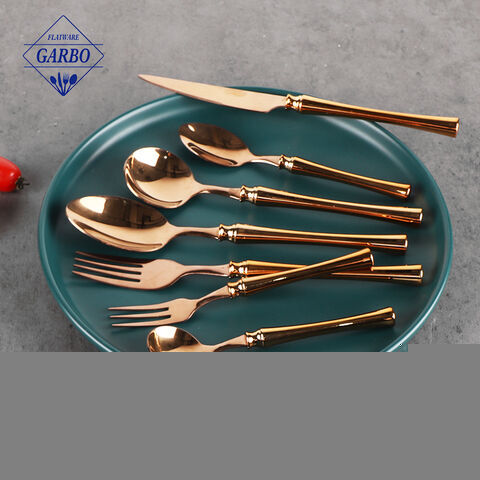 Slim style flatware set China manufactured wholesale rose gold plated plastic cutlery set 