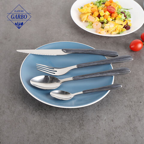 Wooden blue silver flatware set cheap price stainless steel cutlery set on sale 