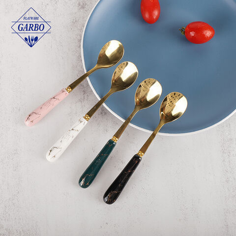 Colorful Marbled Ceramic Handle Stainless Steel Teaspoon Coffee Spoon Sets with Ceramic Stand
