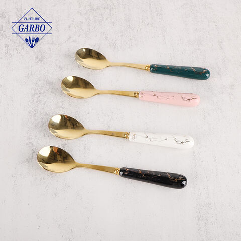 Makukulay na Marbled Ceramic Handle Stainless Steel Kutsarita na Coffee Spoon Sets na may Ceramic Stand