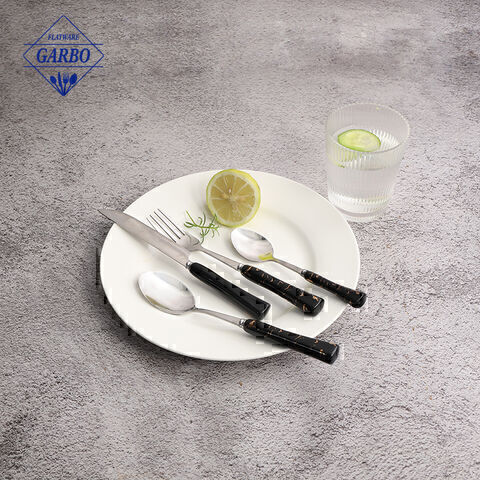 Set di posate per la cena a sublimazione d'argento in acciaio inossidabile 410 ecologico con manico in ceramica nera