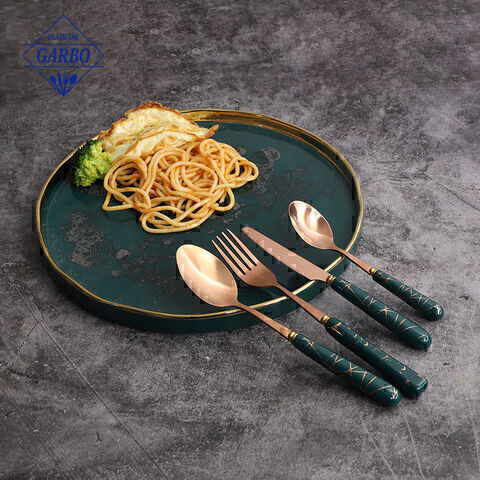 Eco-friendly 410 stainless steel silver sublimation dinner cutlery set with black ceramic handle 