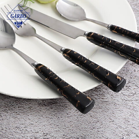 Eco-friendly 410 stainless steel silver sublimation dinner cutlery set with black ceramic handle 