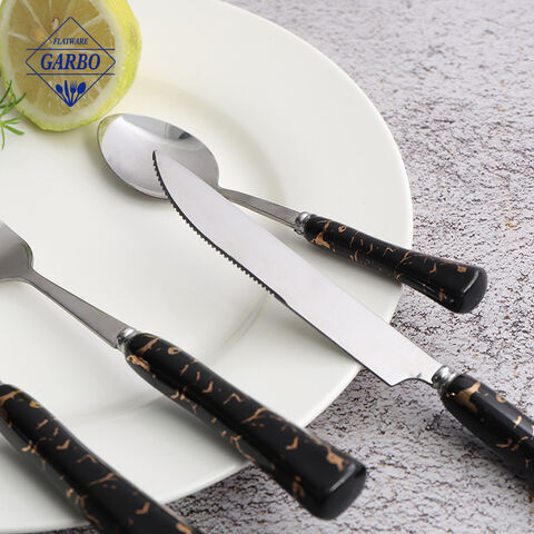 Eco-friendly 410 stainless steel silver sublimation dinner cutlery set with black ceramic handle 