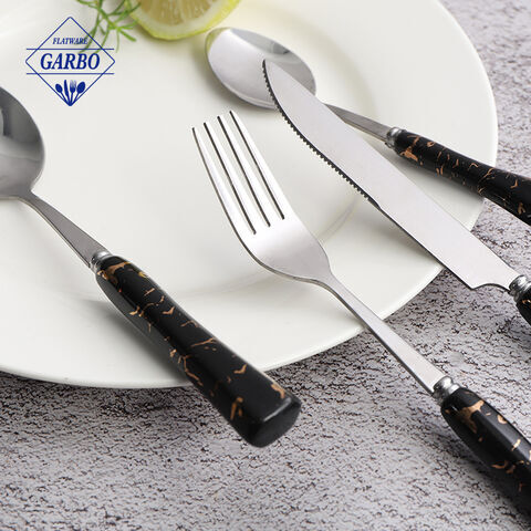 Eco-friendly 410 stainless steel silver sublimation dinner cutlery set with black ceramic handle 