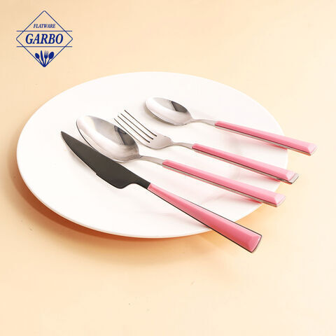 pink color plastic handle four pieces flatware set 