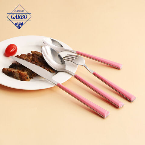 pink color plastic handle four pieces flatware set 