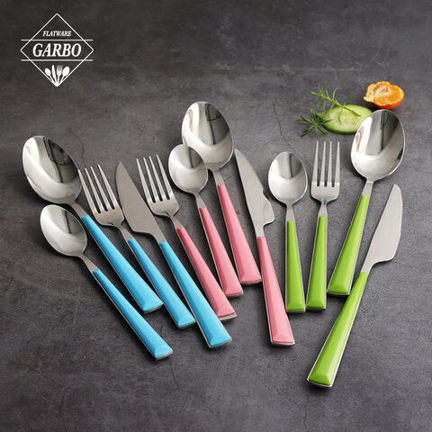 pink color plastic handle four pieces flatware set 