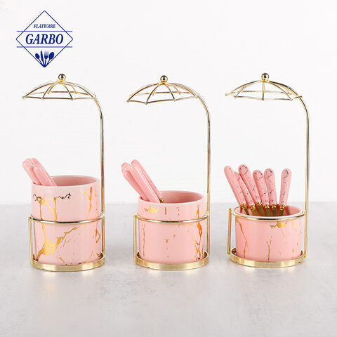 Elegant Pink Marble Ceramic Handle Stainless Steel Teaspoon with Umbrella Stand