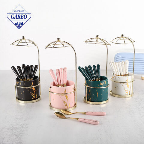 Elegant Pink Marble Ceramic Handle Stainless Steel Teaspoon with Umbrella Stand