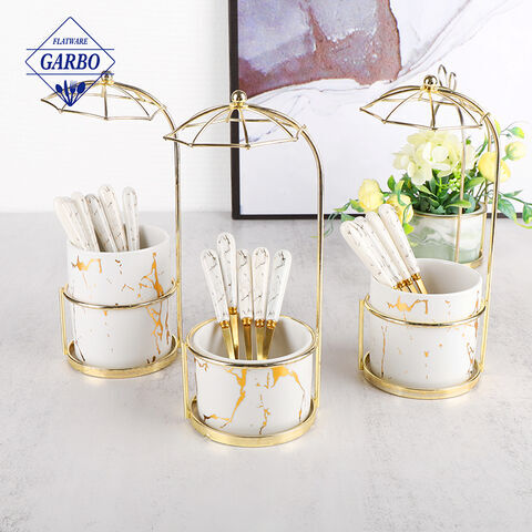 Elegant White Marble Ceramic Handle Stainless Steel Teaspoon with Creative Umbrella Stand