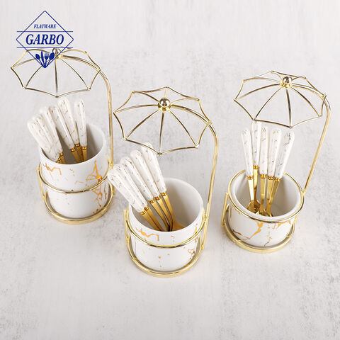 Elegant White Marble Ceramic Handle Stainless Steel Teaspoon with Creative Umbrella Stand