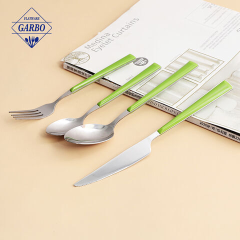 green color plastic handle stainless steel flatware set