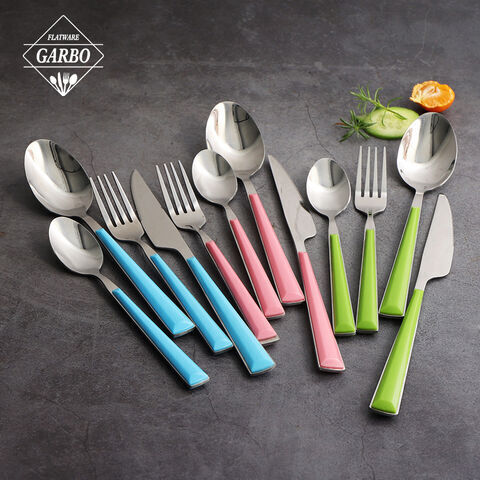 green color plastic handle stainless steel flatware set