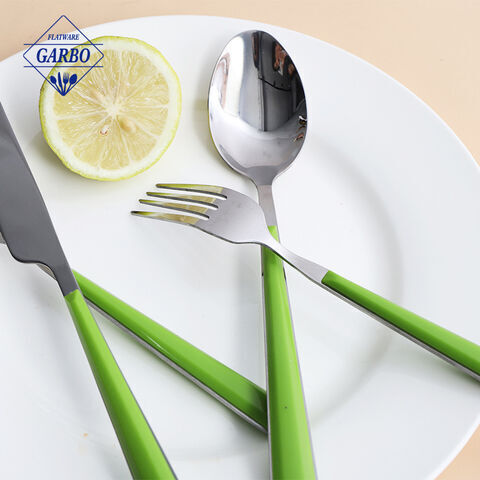 green color plastic handle stainless steel flatware set