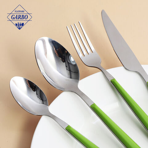 green color plastic handle stainless steel flatware set