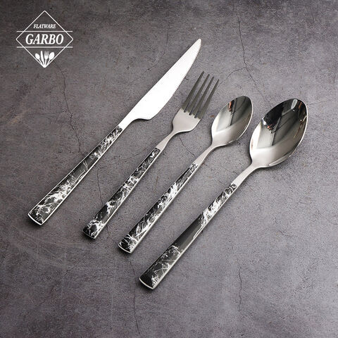 marble design plastic handle 24 pieces ss flatware set black marble cutlery