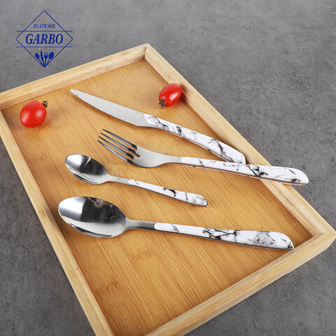 New trends white marble silver cutlery set with 18/10 plastic stainless steel flatware