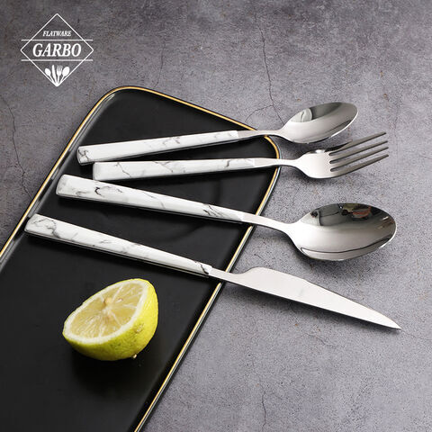 white marble plastic handle stainless steel flatware set