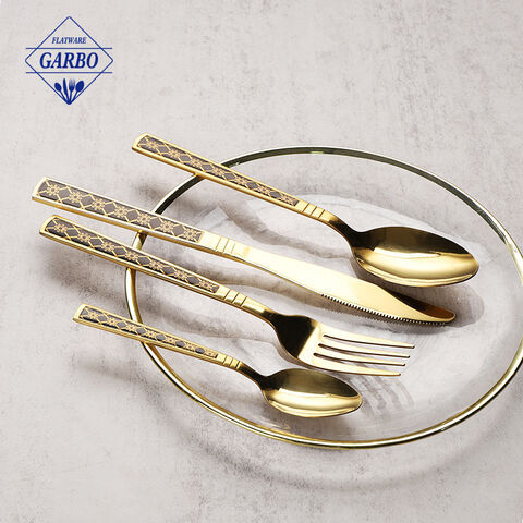 410 stainless steel golden color flower engraved deisgn flatware set