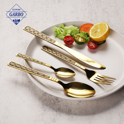 410 stainless steel golden color flower engraved deisgn flatware set