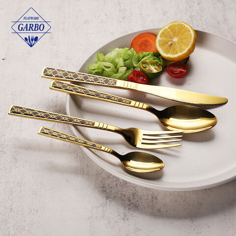 410 stainless steel golden color flower engraved deisgn flatware set