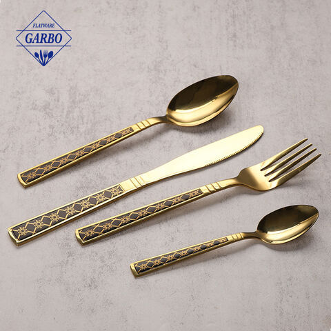 410 stainless steel golden color flower engraved deisgn flatware set