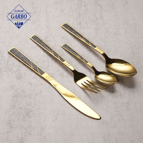 pola marmer bersinar emas stainless steel set 4 buah sendok garpu