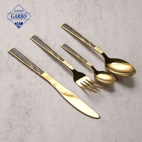 marble pattern shining golden stainless steel 4 pieces cutlery set