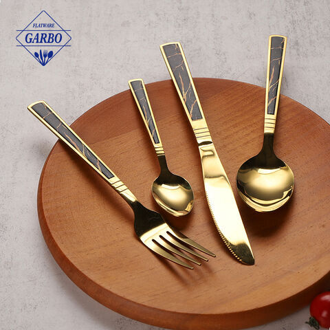 marble pattern shining golden stainless steel 4 pieces cutlery set