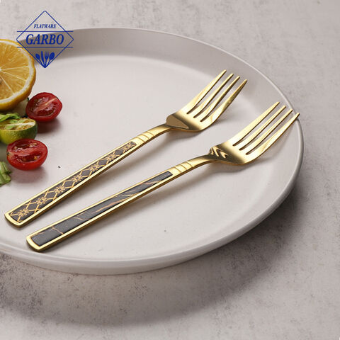 golden color mirror polish stainless steel dinner fork flower marble handle fork