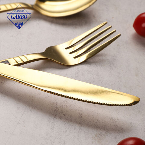 golden color mirror polish stainless steel dinner fork flower marble handle fork