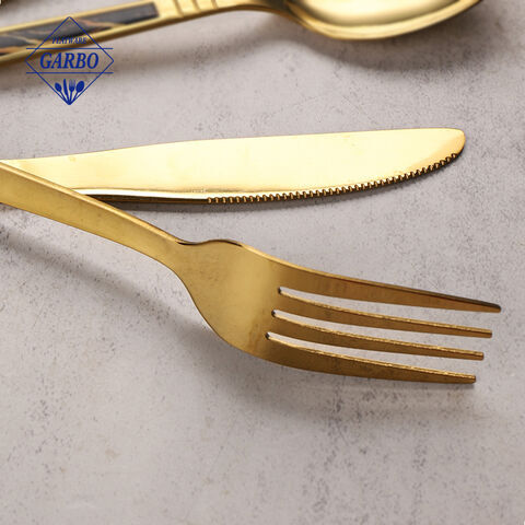 golden color mirror polish stainless steel dinner fork flower marble handle fork