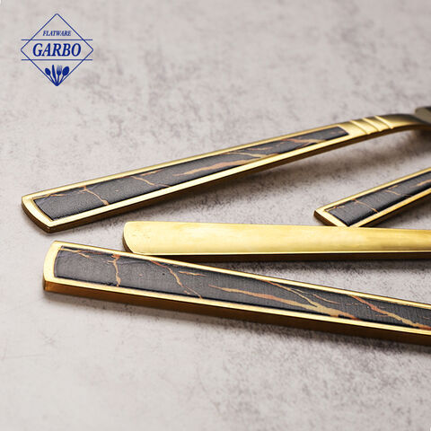 golden color mirror polish stainless steel dinner fork flower marble handle fork