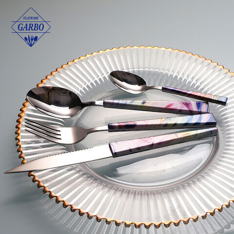 ABS colored plastic handle stainless steel flatware set with e-plating includes spoon fork knife