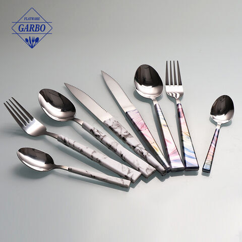 ABS colored plastic handle stainless steel flatware set with e-plating includes spoon fork knife