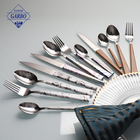 ABS colored plastic handle stainless steel flatware set with e-plating includes spoon fork knife