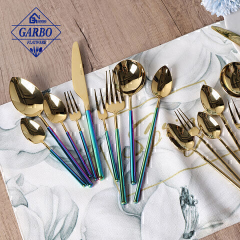 High-end premium 304 stainless steel mental cutlery set na may makulay na handle ng e-plating