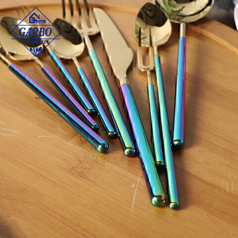 High-end premium 304 stainless steel mental cutlery set with e-plating colorful handle