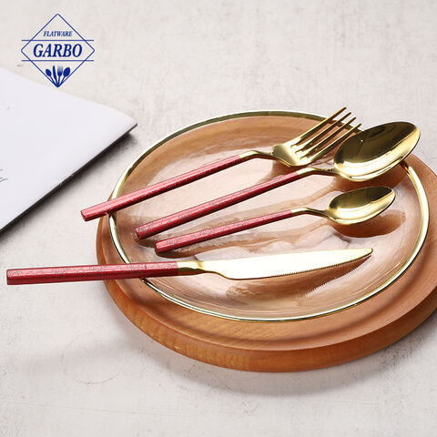 Grosir handle warna merah dinner set flateware dengan 410 SS