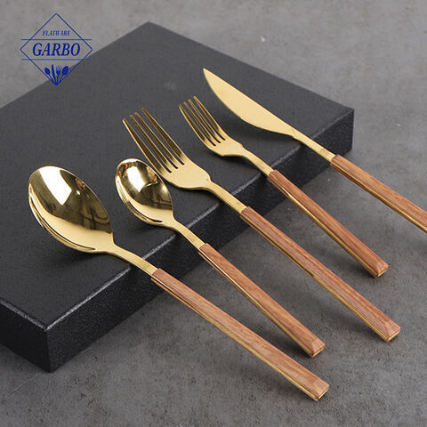 wooden plastic handle 5 pieces dinner cutlery set golden color flatware 