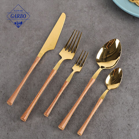 wooden plastic handle 5 pieces dinner cutlery set golden color flatware