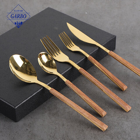 wooden plastic handle 5 pieces dinner cutlery set golden color flatware