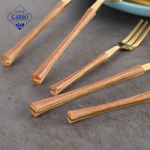 wooden plastic handle 5 pieces dinner cutlery set golden color flatware