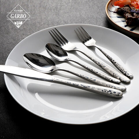 Luxury silver color cutlery set with laser special pattern logo on the handle